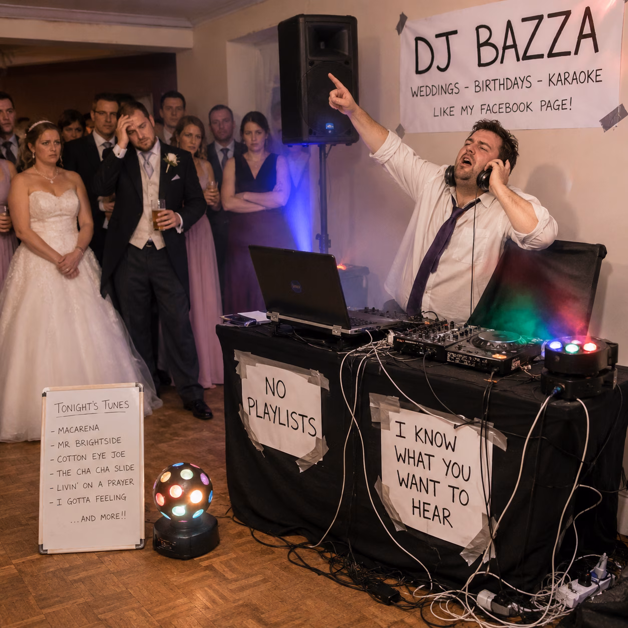 Humorous parody of a poorly presented wedding DJ setup, highlighting the importance of choosing a professional wedding DJ in Suffolk, Cambridgeshire and Norfolk.