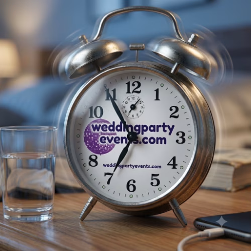 Alarm clock displaying the Wedding Party Events logo, symbolising the importance of early setup by a professional wedding DJ serving Suffolk, Cambridgeshire and Norfolk.